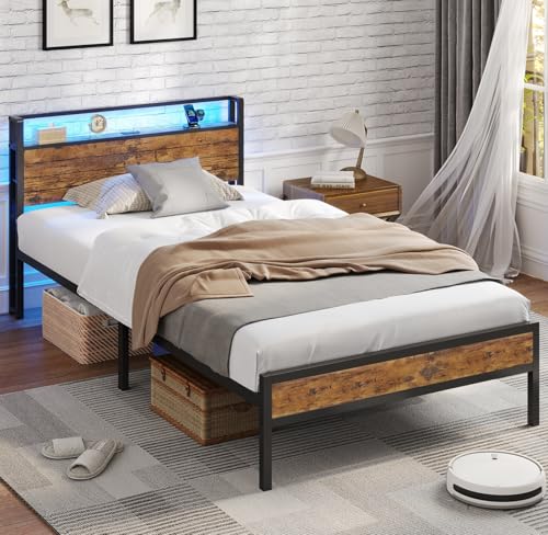 AOGLLATI Lit 90 x 200cm en Métal, Tête de Lit avec Éclairage LED et 3 Ports USB, 30 cm d'espace...