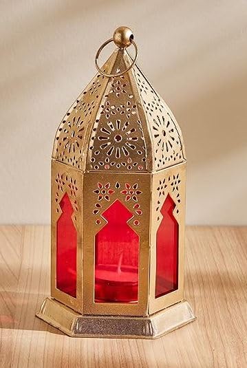K.N Creation Stylish Moroccan Iron Lantern Tealight Candle Holder with Colored Glass | Perfect for Home & Office Diwali Decorations -Golden & Blue (Golden & Red)