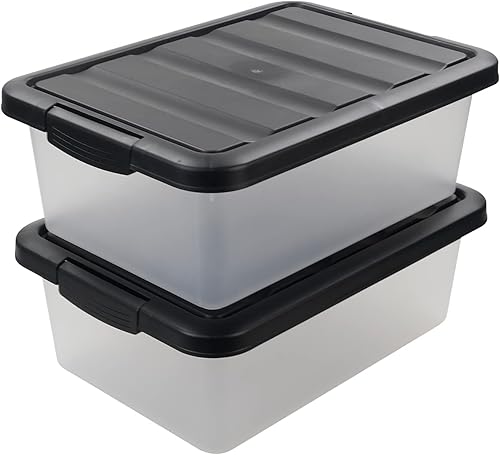 Teyyvn Caja de almacenamiento transparente de 14 L, paquete de 2 contenedores de almacenamiento de plástico con tapa negra