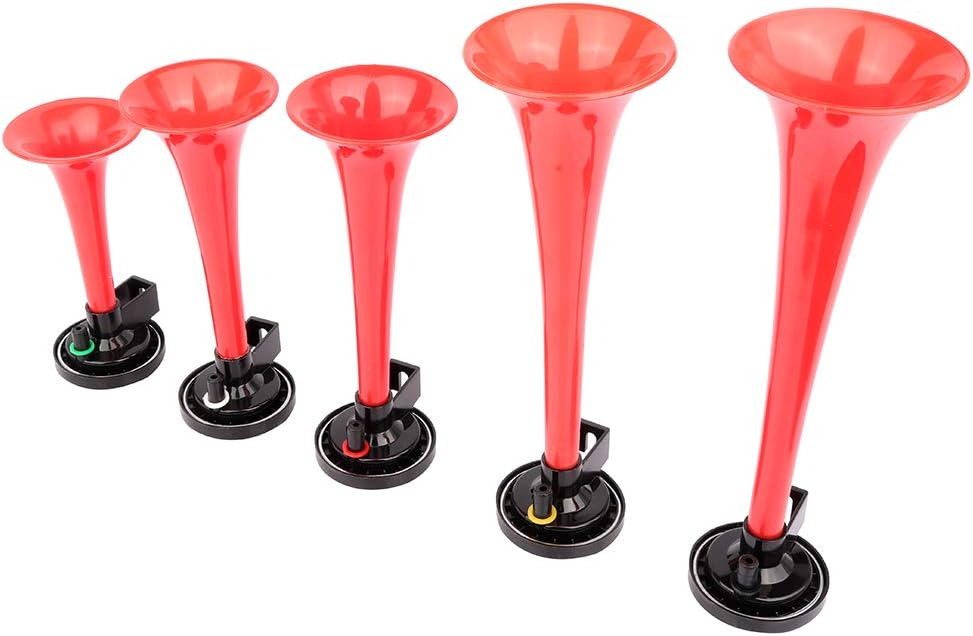 INEEDUP 12V 150dB 5 Trumpet Electric Musical Electric Train Car Air Horn with Compressor for Trucks Cars Vans Boats RVs SUVs Red