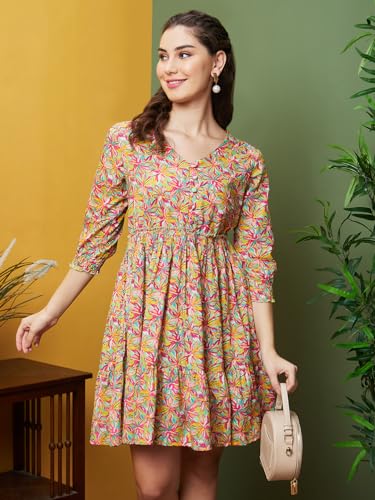 Image of Globus Women Blue Printed Causal V-Neck A-Line Ethnic Dress-3640391001