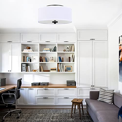 Lodstob 2-Light Flush Mount Ceiling Light Fixture, 12” Modern Close To Ceiling Light With White Fabric Linen Drum Shade, Round Ceiling Light For Bedroom Hallway Living Room Bathroom Dining Kitchen #TOP5