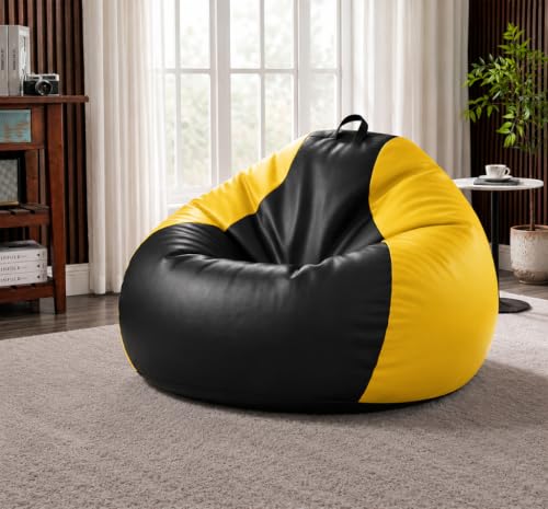 Image of Sattva Classic 4XL Sofa Style Bean Bag Chair with Beans Filled | Faux Leather Teardrop Bin Bags for Adults | Beanbags with Beans Filling | Pre-Filled Beans Bag for Home & Office (Black & Yellow)