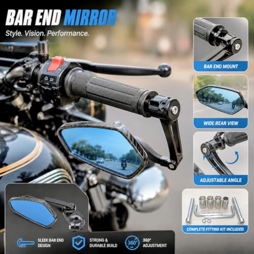 Image of Universal Motorcycle Bar End Rear View Mirror Set of 2, Blue Anti Glare Side Mirrors with Carbon Fiber Look Housing, Adjustable Foldable Bike Mirror for Motorcycle and Sports Bike