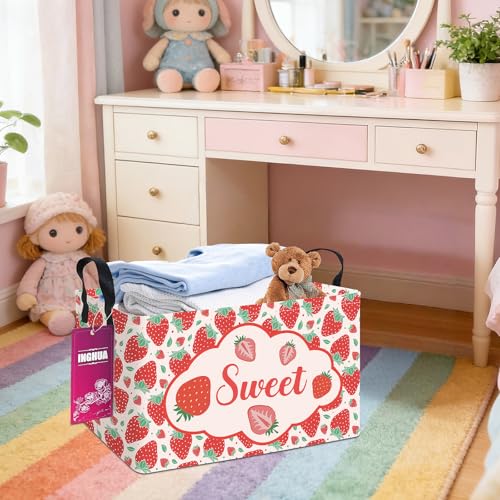 Image of Rectangular Storage Basket Fabric Organizer Bin for Toys,Books,Clothes,Gifts,Pets-Perfect for Home,Office,Nursery,Dorm,Shelf(Rec-strawberry)