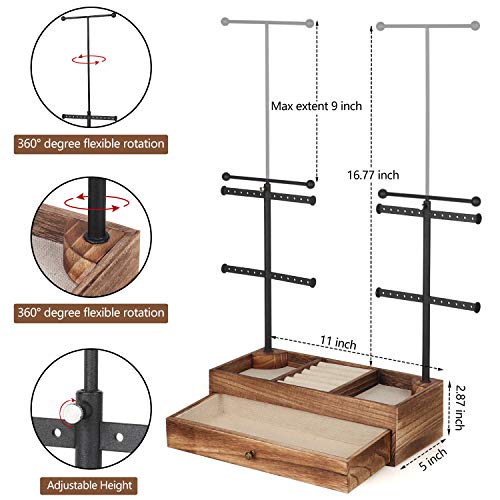 Miratino Jewelry Organizer Stand Double Rods & 6 Tiers Jewelry Holder Box With Rustic Wood Drawer Storage Base For Necklaces Bracelets Earrings Rings Display Carbonized Black #TOP4