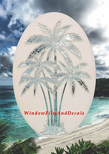 Oval Palm Tree Etched Window Decal Vinyl Glass Cling - 15" X 23" - White With Clear Design Elements #TOP4