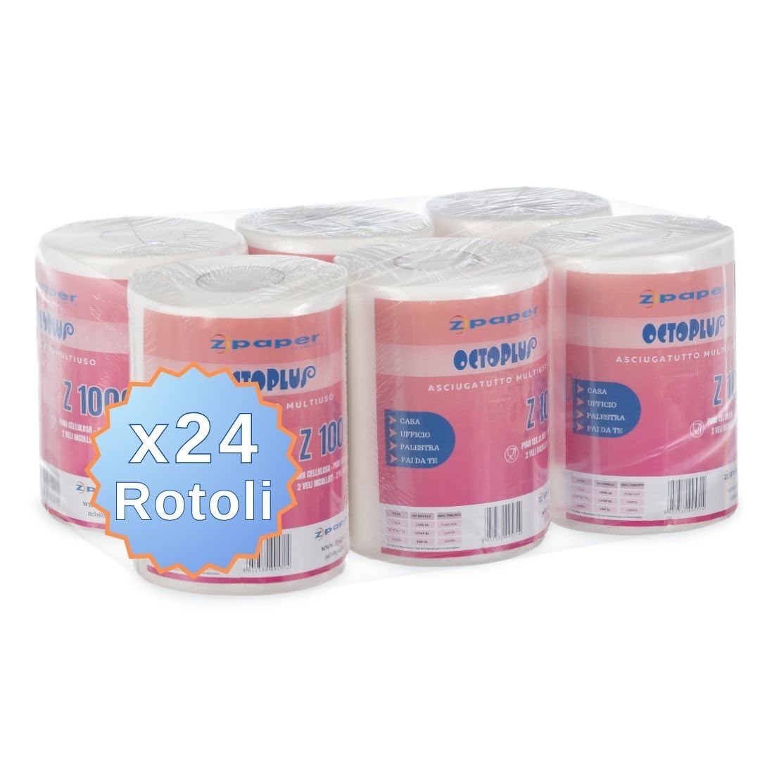 ZPAPER - 24 Rotoli Asciugatutto - Rotoloni Asciugatutto carta multiuso. Pura Cellulosa, 2 Veli, Anima a Spirale. Bobine carta asciugatutto