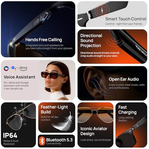 Image of Fire-Boltt Fire-Lens Sway Smart Glasses, Bluetooth Calling & Open-Ear Bluetooth Sunglasses with HD Sound & Smart Audio Touch Controls Voice Assistant (Siri /Alexa /Google), Fast Charging for Men & Women