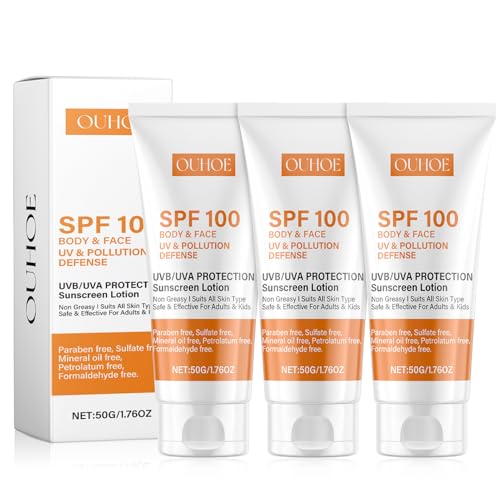 3 Stück Sonnencreme 100 Schutzfaktor Sunscreen SPF 100 Feuchtigkeitsspengende Sonnenschutzcreme Waterproof Nicht Fettend Starker UVA-UVB-Schutz für Alle Hauttypen