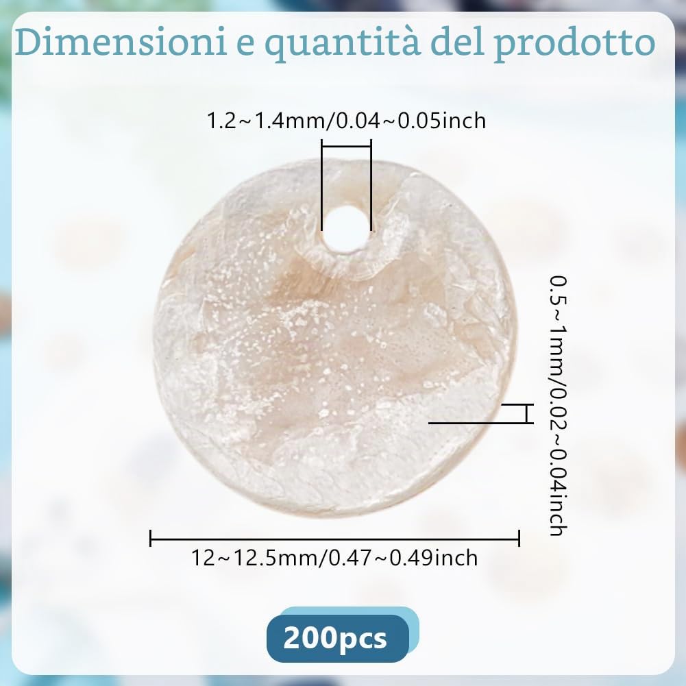 200 ciondoli a conchiglia rotondi piatti 12-12,5 mm perline bianche naturali perlescenti per orecchini collana creazione di gioielli diametro 1,2-1,4 mm