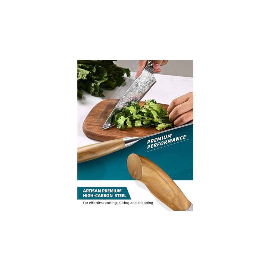 Emojoy Chef Knife 8-inch All Purpose, Japannese Steel, 67-Layers Damascus Knife with Original Olive Wood Handle, Include Wooden Gift Box