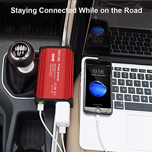 GELOO 300W Power Inverter, DC 12V to 110V AC Car Power Converter with 4.8A Dual USB Ports Car Charger Adapter (Red)