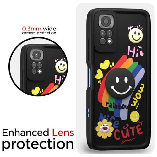 Image of Pikkme Back Cover for Redmi Note 11 / Note 11s | Soft Silicone| Cute Rainbow Smile & 3D Cartoon Flower Design | Shockproof Raised Camera Protection Bumper Case (Black)