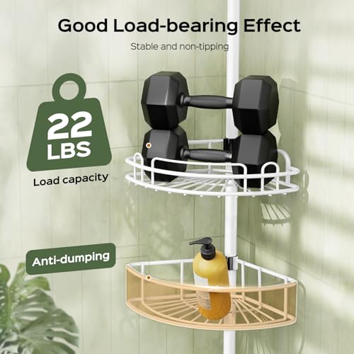 Image of HAMITOR Rustproof Bathtub Corner Shelf, 4-Tier Shower Caddy Tension Pole | Adjustable Bathroom Organizer For Shampoo, Accessories, Storage, No-Drill Quick Install, Space-Saving 47.7-123.6 Inch, White