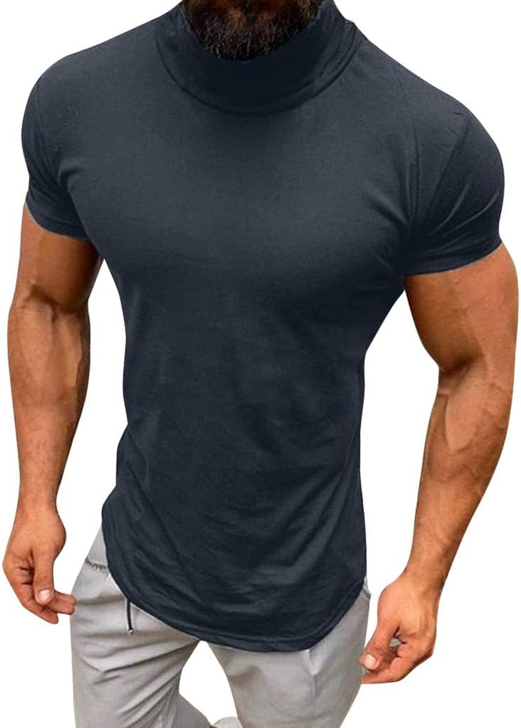 Mens Muscle Short Sleeve T Shirt Turtleneck Slim Fit Basic Tops Gym Workout Athletic Tee Shirt Top Blouse(A)