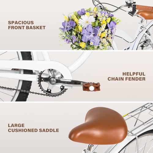 Image of WEIZE Beach Cruiser Bike, 24 26 inch Commuter Bicycle for Adult Men and Women, Front & Rear Fenders, Comfortable City Bikes with Rear Rack&Basket, Ergonomic Upright Design
