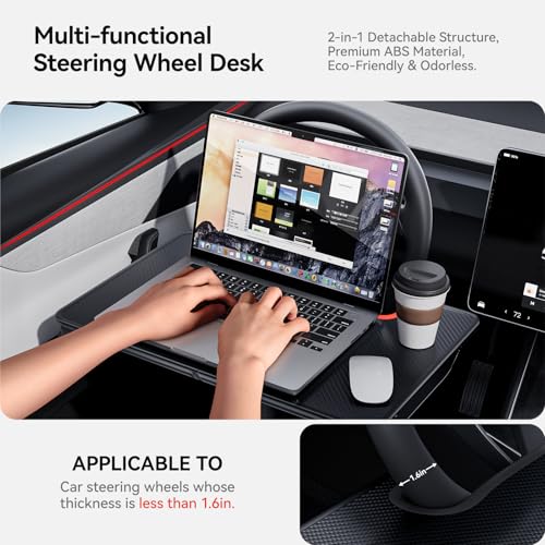 Image of YONZEE 2-in-1 Car Steering Wheel Desk Tray & Car Seat Gap Filler Organizer - Foldable Carbon Fiber Look Table for Laptop, Eating, Writing - for Standard Round Steering Wheels