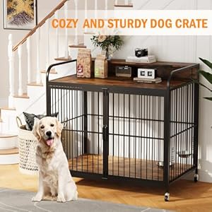 Small-Dog-Crate-Furniture-Wooden-Dog-Kennel-Indoor-with-Adjustable-Height-Feeder-Heavy-Duty-Dog-Crate-with-360-Wheels-for-Easy-Mobility-Sturdy-Metal-32-L-x-205-W-x-215-H-Rustic-Brown - Cucciolini Doodles Small-Dog-Crate-Furniture-Wooden-Dog-Kennel-Indoor-with-Adjustable-Height-Feeder-Heavy-Duty-Dog-Crate-with-360-Wheels-for-Easy-Mobility-Sturdy-Metal-32-L-x-205-W-x-215-H-Rustic-Brown