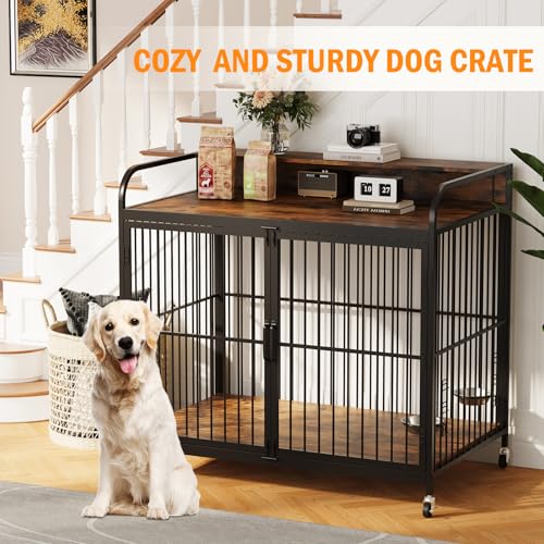 Small-Dog-Crate-Furniture-Wooden-Dog-Kennel-Indoor-with-Adjustable-Height-Feeder-Heavy-Duty-Dog-Crate-with-360-Wheels-for-Easy-Mobility-Sturdy-Metal-32-L-x-205-W-x-215-H-Rustic-Brown - Cucciolini Doodles Small-Dog-Crate-Furniture-Wooden-Dog-Kennel-Indoor-with-Adjustable-Height-Feeder-Heavy-Duty-Dog-Crate-with-360-Wheels-for-Easy-Mobility-Sturdy-Metal-32-L-x-205-W-x-215-H-Rustic-Brown