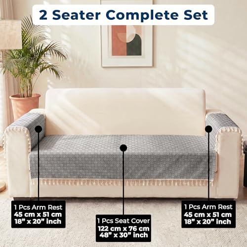 Image of Story@Home Quilted Anti Slip Sofa Cover Mat with 2 Armrest Cover, 2 Seater Velvet Sofa Protector with Tassels | Sofa Cover Mat for 1 /2 /3 Seater & L-Shape Sofa - 76 x 122 Cm - Navy Blue & White