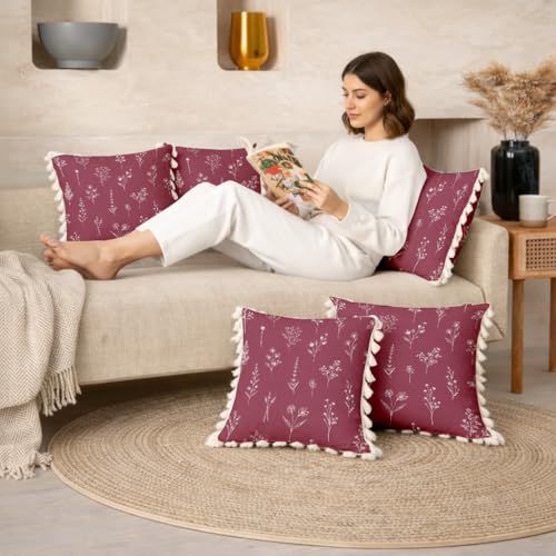 Image of STITCHNEST 'Little Meadow Series' Tassled Cushion Cover | Set of 2 | Floral Cushion Cover 24 inch x 24 inch