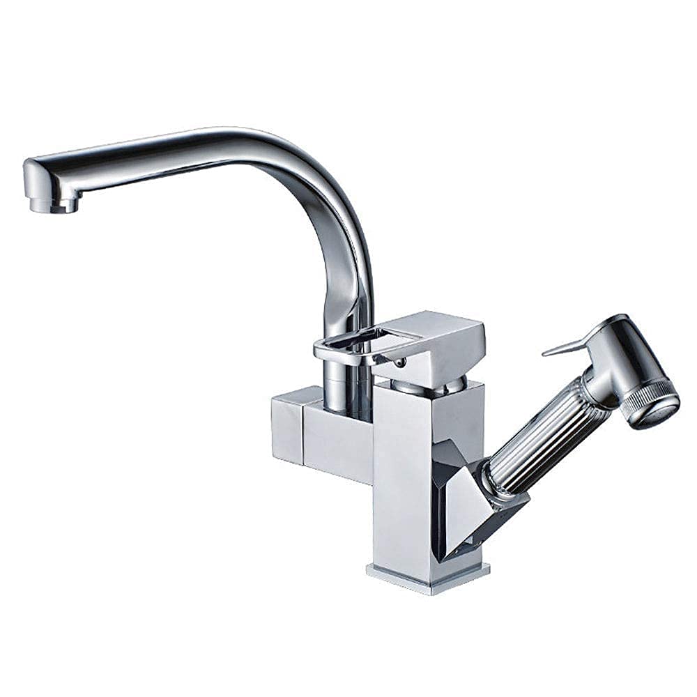 MXXQRHF Kitchen Sink Taps Mixers Square Single Lever Monobloc Brass Pull Down Sprayer Kitchen Tap Swivel Sprayer Mixer Tap 360 Degree Rotating Spout Hot and Cold Water Kitchen Faucet