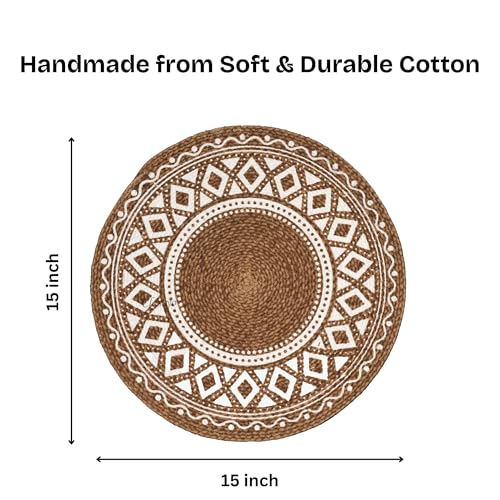 Image of Classyo Cotton Dining Table Placemats, 15 inch | Washable Round Dining Table Mat | Coasters for Dining Table for Hot Pots, Plates and Pans | Placemats for Dining Table Set of 6, (Brown Design)