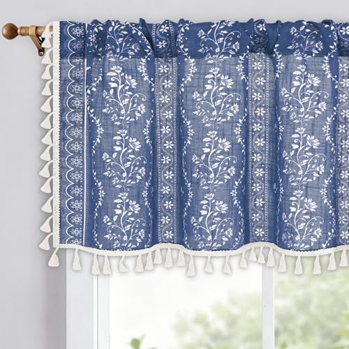 Image of Yinhua Boho Valance Curtains Vintage Linen Blue Kitchen Valances for Windows Light Filtering Bohemian Floral Valance Rod Pocket Farmhouse Tassel Window Valances for Bathroom Cafe, 52 inch W X 18 inch L