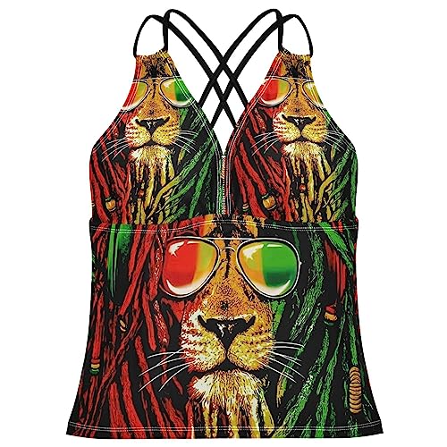 Rasta Flag Lion Women's Tankini Swimwear Halter Bathing Suit; Womens Swimsuit Halter Tankini Top