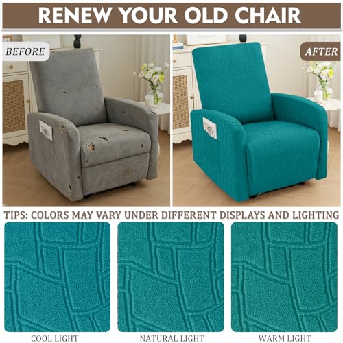 Image of ZNSAYOTX 100% Waterproof Recliner Chair Covers, 3-Piece Stretch Fit Recliner Slipcovers with Buckle & Elastic Band for Lazy Boy, Stay in Place, Soft Plaid Jacquard Protector (Small, Peacock Teal)