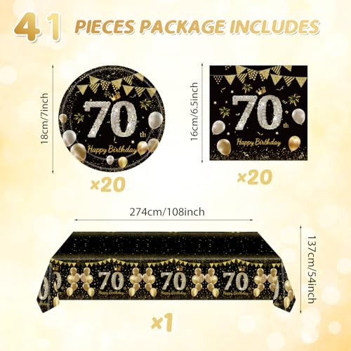41pcs 70th birthday decorations for men women black gold 70 year old birthday party supplies include 20 plates 20 napkins and 1 tablecloth black gold 70 aged birth party tableware