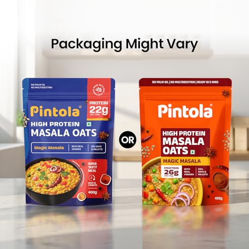 Image of Pintola 26g High Protein Masala Oats 400g, Magic Masala, Breakfast Cereal with High Fiber & Veggies, No Palm Oil, No Preservatives, 5 min Healthy Snack, Helps Manage Weight, Gym Endurance & Gut Friendly
