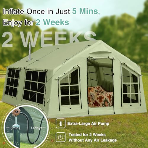 Image of KNUO Inflatable Camping Tent, Large Blow-Up Air Tent, No Assembly Needed Luxury Glamping House, Oxford Fabric
