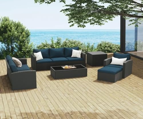 Image of 7 Seater Conversation Wicker Sofa Set with Center Table and Side Table, Outdoor Patio Furniture Set with Cushions for Poolside, Garden, Balcony, and Terrace.(Dark Brown and Nevy Blue)