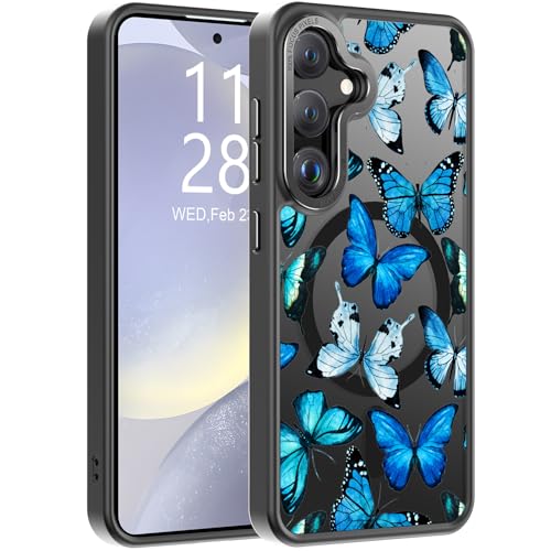 Goodon for Galaxy S24 Case, Wireless Charging Compatible, Shockproof Translucent Matte Cover - Cute Floral Design Phone Case for Women Girls - Blue Butterfly - image 1