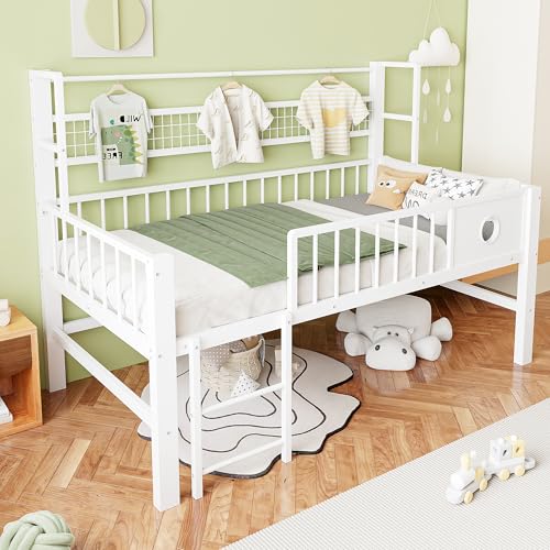 Idemon Cuna 90 x 200 cm, cama alta baja con marco de metal y compartimentos de almacenamiento, adecuada para niños y jóvenes (blanco)