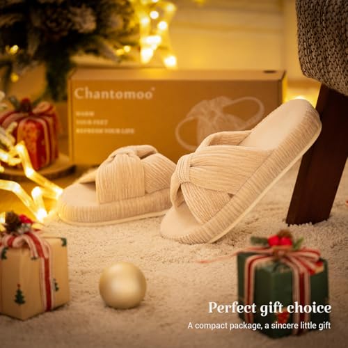 Image of Chantomoo Slippers for Women Memory Foam House Bedroom Corduroy Bow Crossbands Slipper Shoes Comfy Trendy Gift Slippers