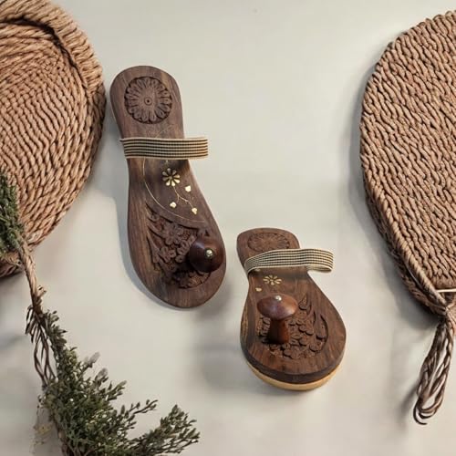 Image of Khadau Chappal for Men | Wooden Charan Paduka for Puja, Wearable Wooden Chappal Eco-Friendly (Rosewood) (10UK, Strap-WEAR)