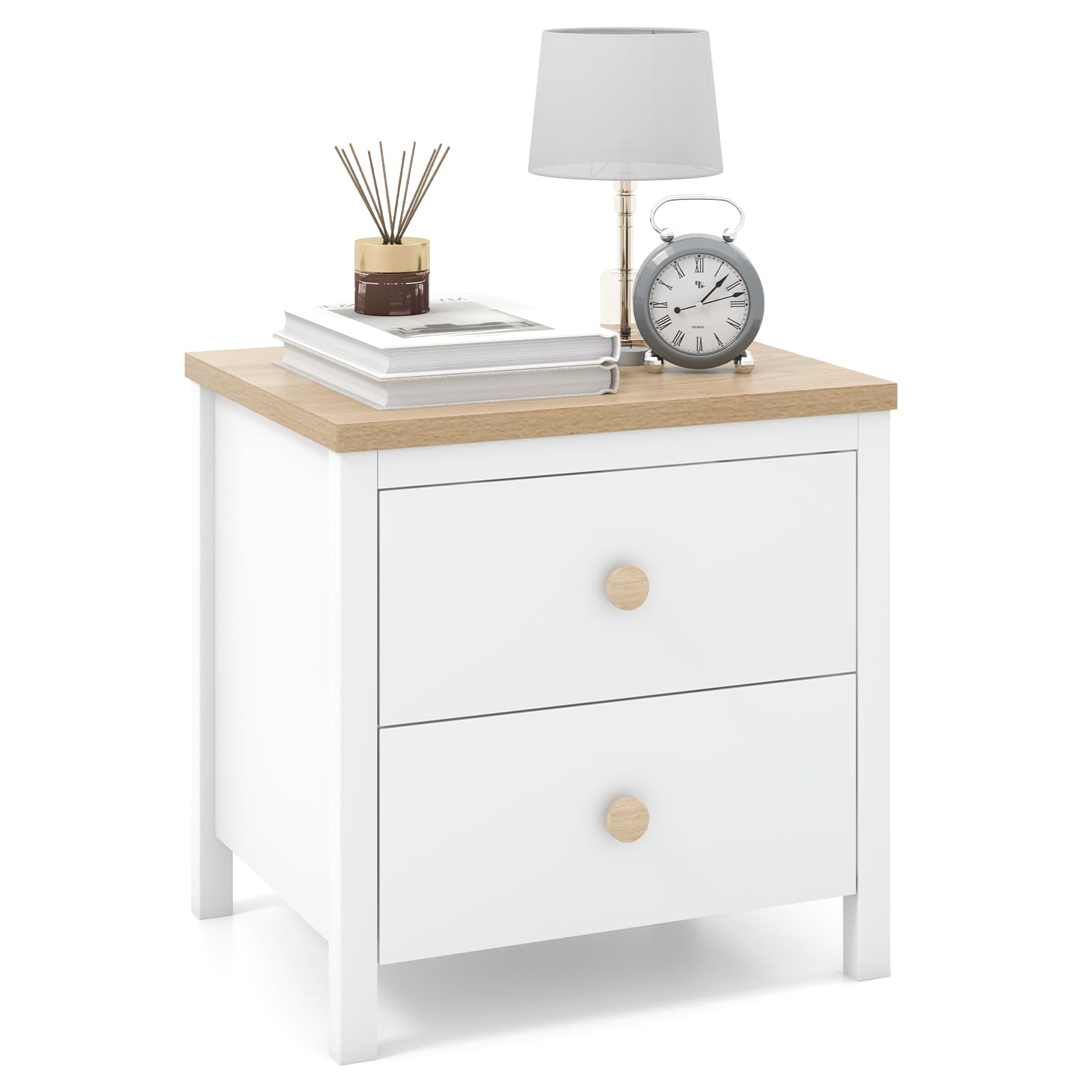 Giantex Night Stand with 2 Drawers, Farmhouse Bedside Table with Cute Round Knobs, Wooden Floor End Table with Rubber Wood Legs, Small Sofa Side Table