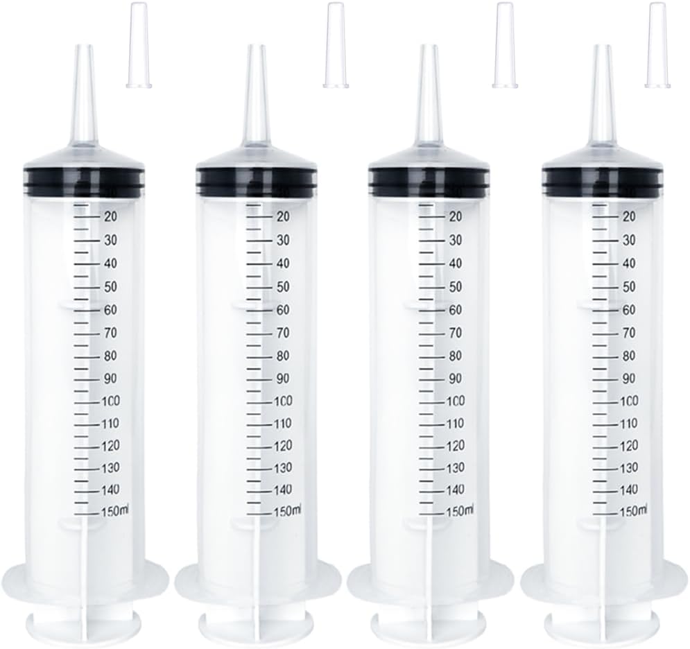 4 Pack 150ml/cc Large Syringe with Cap, Individually Sterile Sealed Plastic Liquid Syringes with Measurement for Scientific Labs, Measuring Liquids, Feed Pets, Oil or Glue Applicator