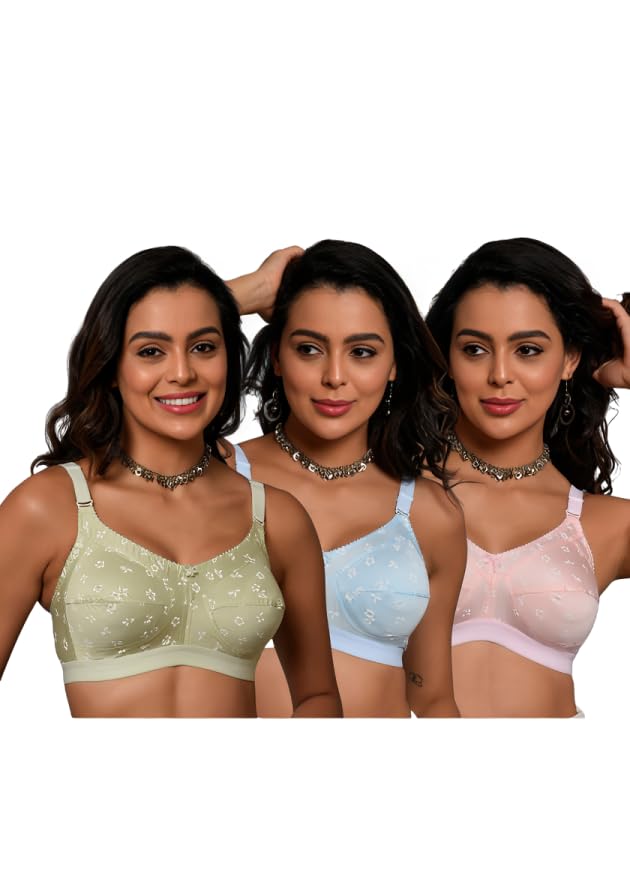 XCARE Women's Non-Padded,Non-Wired,Full Coverage,Seamed 100% Cotton Fabric Comfortable, Soft & Breathable, Adjustable Straps, Multicolor, Everyday Comfort Heavy Brust Bra (Pack of 3)