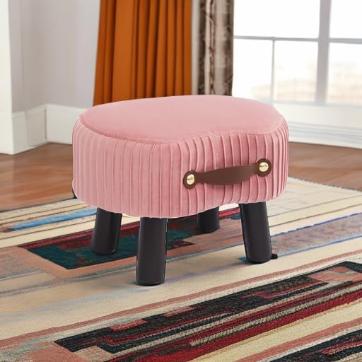 Miniatura 6 de Reposapiés pequeño con asa, reposapiés otomano de terciopelo con asiento acolchado, taburete curvado con patas de madera, reposapiés portátil para