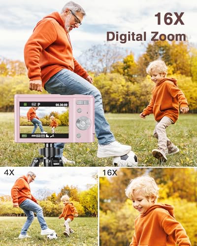 Digital Camera, Kids Camera 1080P 36MP Video Camera with Two Batteries, Time Stamp Antishake 16X Zoom, Compact Portable Camera Christmas Birthday Gift for Children Kid Teen Student Girl Boy(Rose Pink)