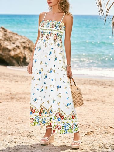 Image of CUPSHE Women's Floral Maxi Dress Spaghetti Strap Summer Boho Beach Dress Smocked Sundress Casual Vacation Flowy Long Dress