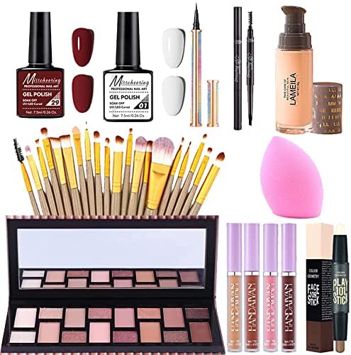 33 Pcs Makeup kit for women full kit makeup set for girls teens Eyeshadow Palette Lip Gloss Nail polish Foundation Mascara Eyebrow Pencil Eyeliner, Contour Stick Powder Puff Makeup Brushes Makeup Set for Women
