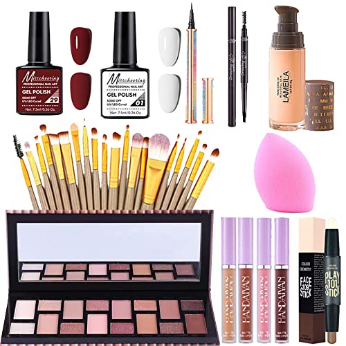 33 Pcs Makeup Kit For Women Full Kit Makeup Set For Girls Teens Eyeshadow Palette Lip Gloss Nail Polish Foundation Mascara Eyebrow Pencil Eyeliner, Contour Stick Powder Puff Makeup Brushes Makeup Set For Women #TOP22