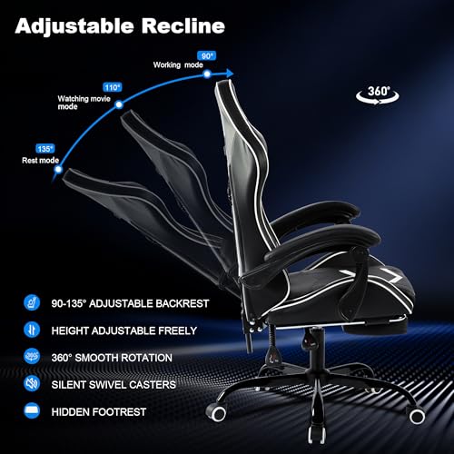 Image of Ergonomic Gaming Chair for Adults, Reclining Computer Office Desk Chair with Footrest, Pocket Spring Cushion,Linkage Armrests, Lumbar Support & Headrest, Heavy-Duty Enlarged Metal Base,White