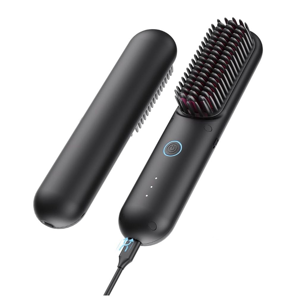 TYMO Porta PRO Cordless Hair Straightener Brush, Portable Straightening Brush for Travel, Mini Ionic Hot Comb Straightener for Women, Lightweight on-The-go, Cordless & Fast Charger Dual Power, Black