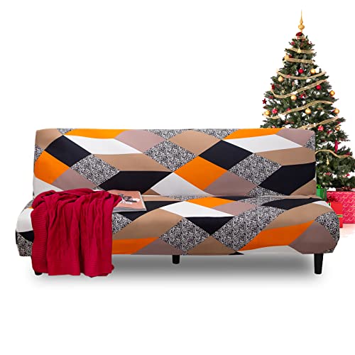 Figooo Armless Futon Cover Stretch Armless Sofa Slipcover Spandex Elastic Universal Armless Sofa Bed Cover Furniture Protector Without Armrests Armless Loveseat Slipcover For Dog Cat,Orange Geometry #TOP7
